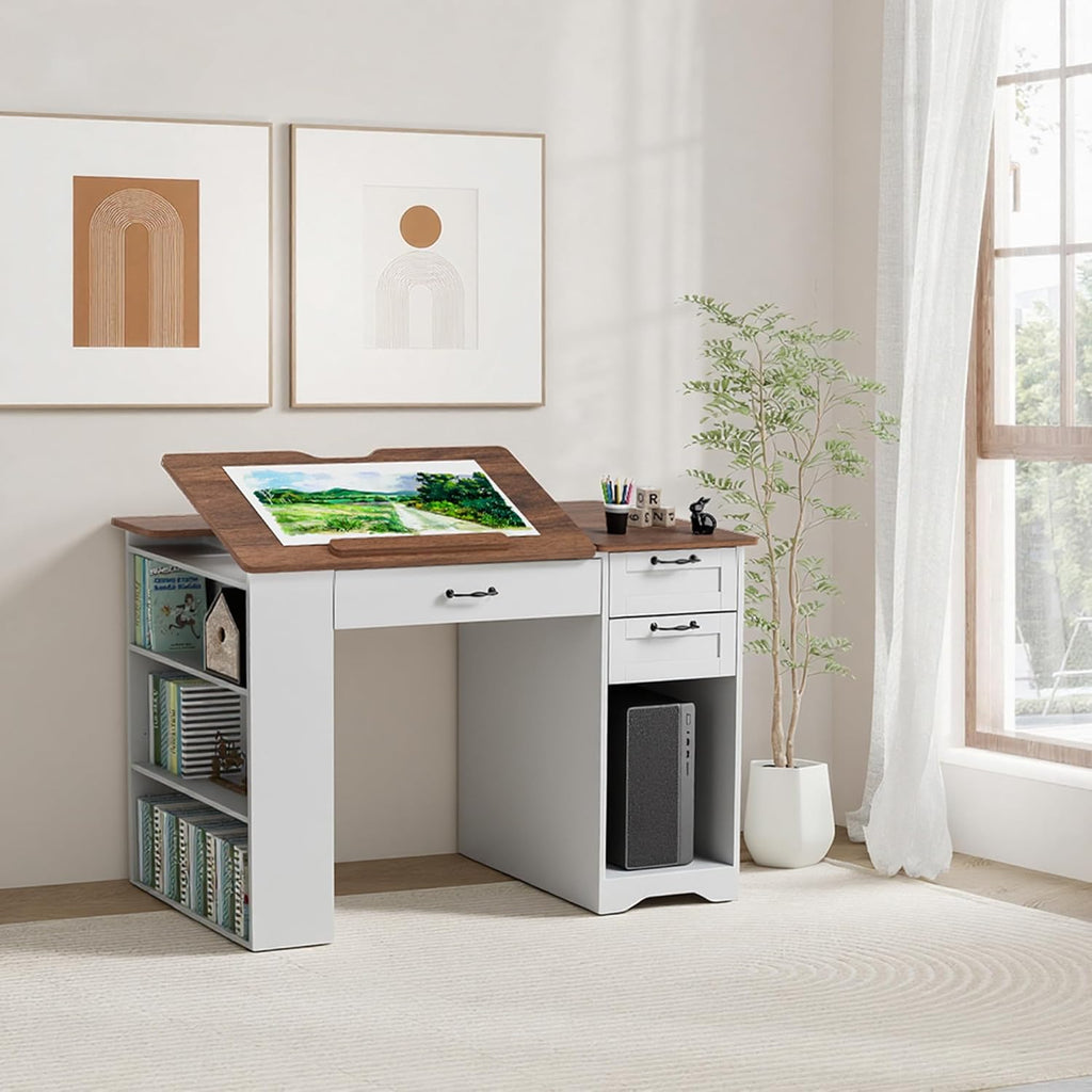 Drafting Table with Storage Cabinet & Drawers, Adjustable Drawing Table with Open Shelves, Craft Art Desk for Artists, Painters, Drawing, Crafting, Reading, Writing, Working