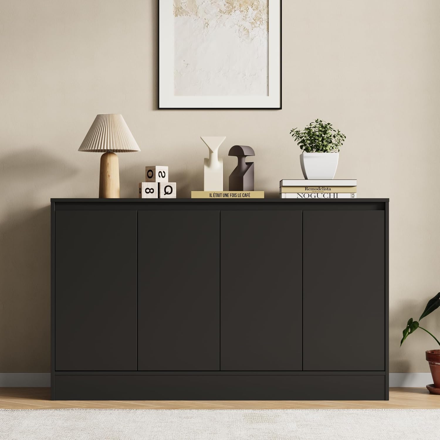 Housoul Buffet Cabinet with Storage, Coffee Bar Cabinet with 4 Doors and Adjustable Shelf, Modern Kitchen Buffet Sideboard for Kitchen, Black