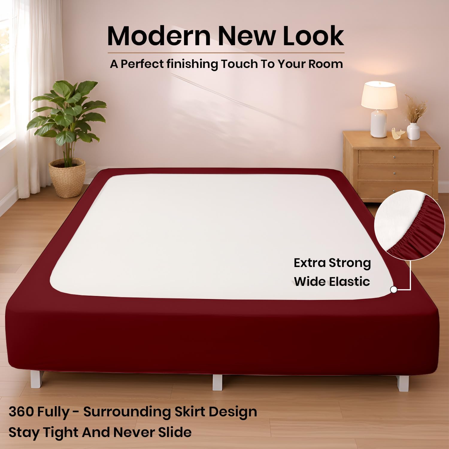 Box Spring Cover Queen Size - Jersey Knit Stretchy Wrap Around 4 Sides, Non-Slip Bed Skirt Alternative, Ultra Soft Wrinkle & Fading Resistant, Fits 4-13" Deep, Burgundy
