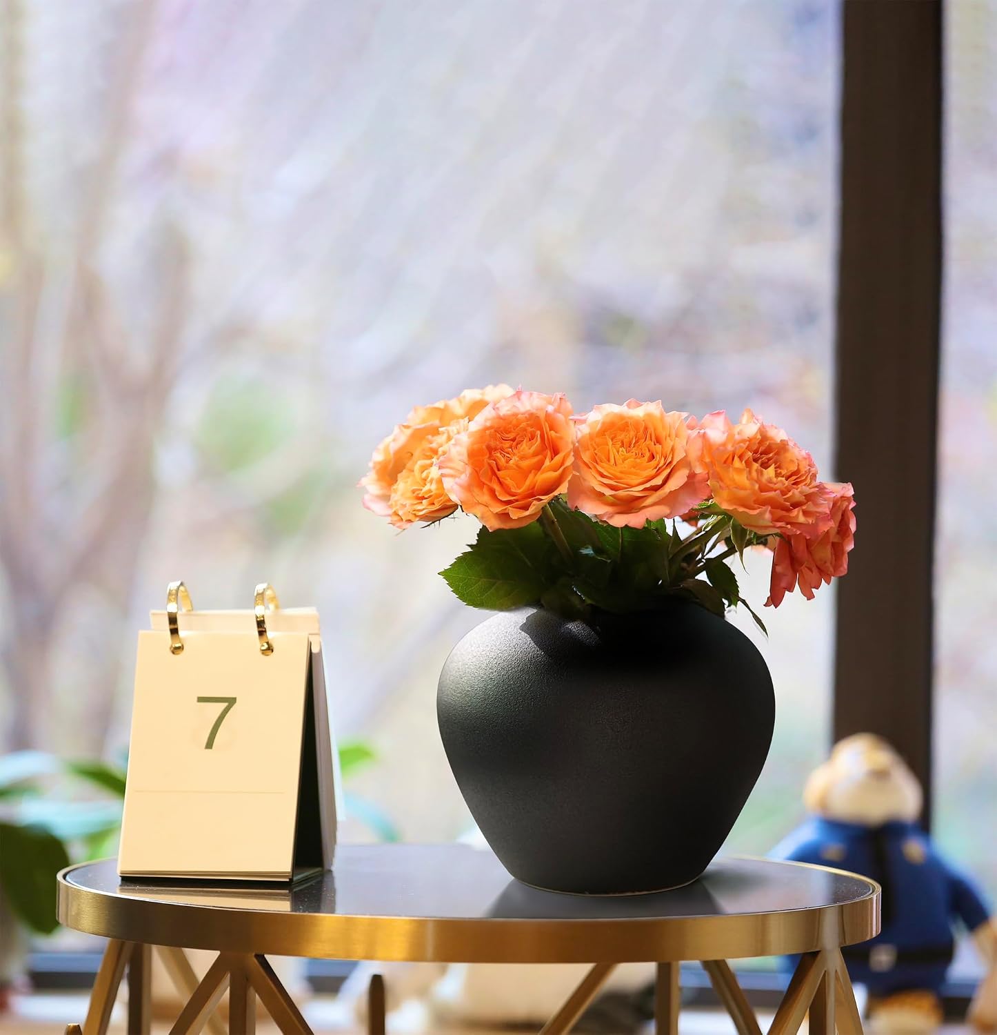 GeLive Black Ceramic Flower Vase 7 Inch Round Jar Farmhouse Rustic Vase for Fresh/Dried Plants Table Centerpiece Minimalist Home Decor Handmade Pottery Planter Pot Kitchen Utensil Holder