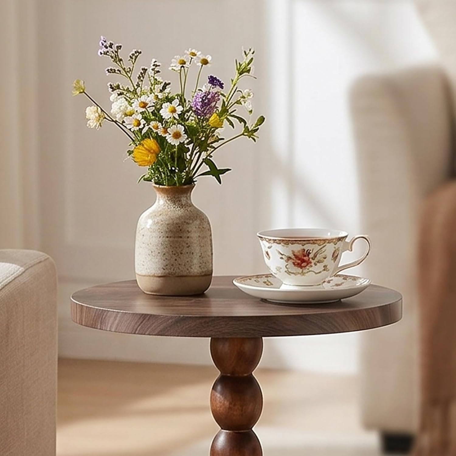 Small Round Side Table, C Table End Tables for Sofa, Sofa Round Tables for Living Room Study and Small Spaces (Walnut)