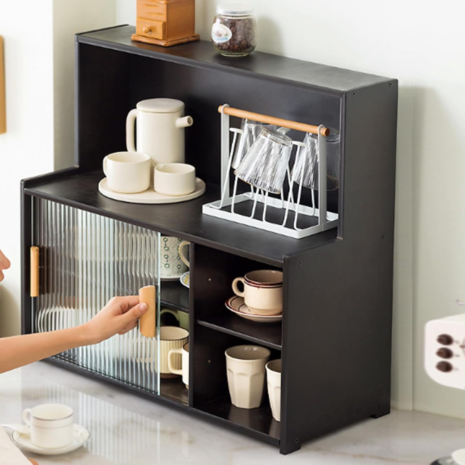 3-Tier Small Kitchen Pantry Sideboard Cabinet with Sliding Glass Doors,Countertop Storage Cabinet,Dining Cupboard for Kitchen,Dining Room,Spice,Bottles,Bowl