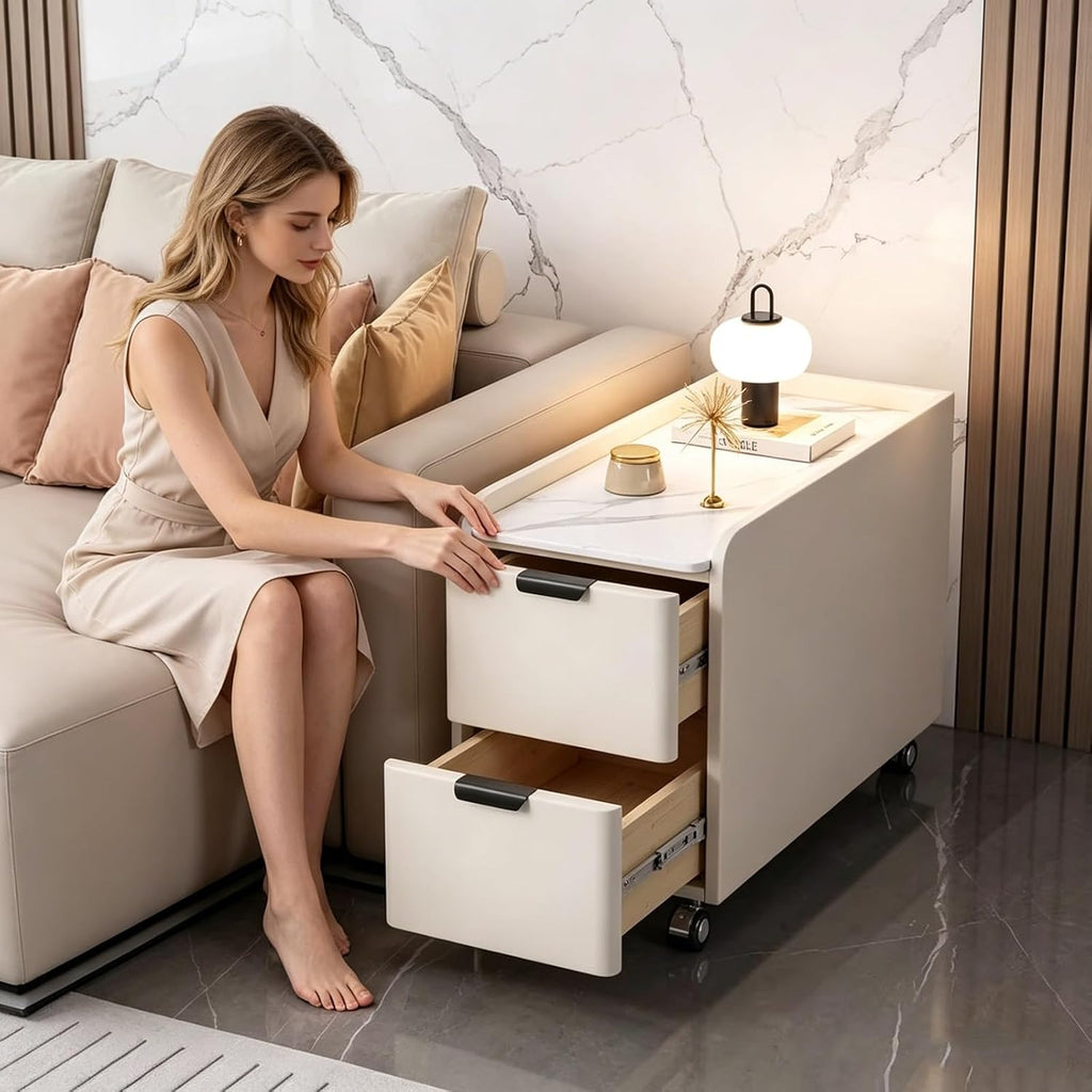 Modern Narrow Side Table with 2 Drawers, Movable Nightstand, Solid Wood Frame Leather Wrapped with Rock Slab Top, for Living Room Bedroom(Orange,31.5x15.7x23.6in)