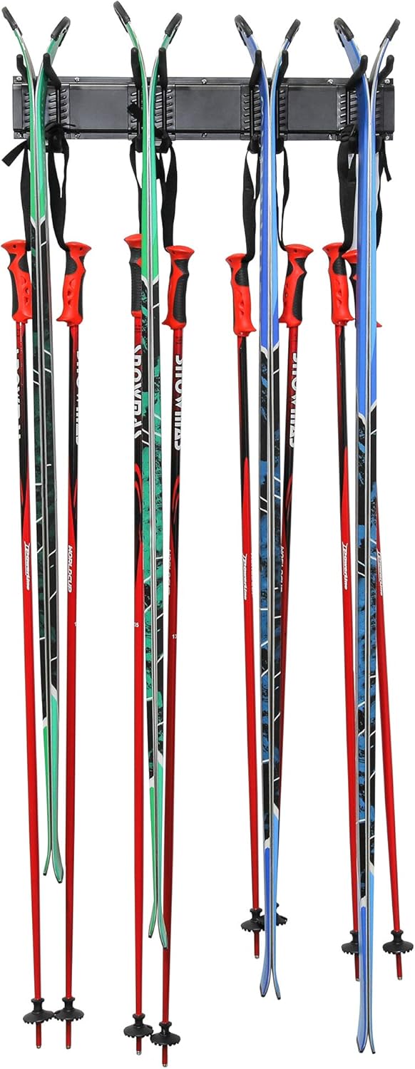RaxGo Ski Wall Rack, Holds 4 Pairs of Skis & Skiing Poles or Snowboard for Home and Garage Storage, Wall Mounted, Heavy Duty and Adjustable Rubber-Coated Hooks
