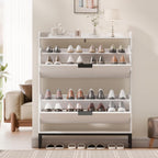 MU Shoe Storage Cabinet with 2 Flip Drawers, Freestanding Fluted Shoe Cabinet, Narrow Wood Shoe Cabinet, Hidden Shoe Organizer with Metal Legs for Entryway, Foyer, Hallway, White
