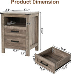 EazeHome Farmhouse End Table, 18” Wooden Side Sofa Table with 2 Drawers and Open Storage Compartment, Retro Accent Bedside Table for Small Spaces, Living Room, Bedroom, Antique Gray