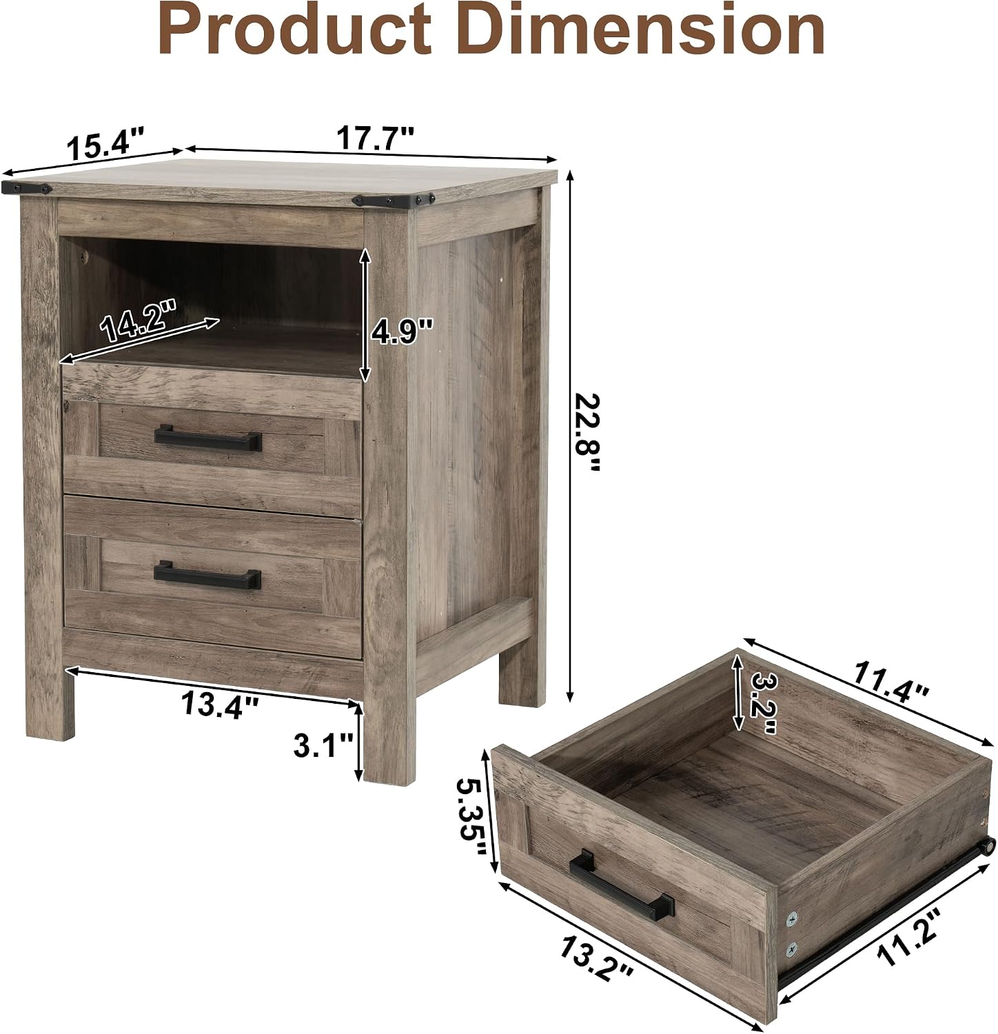EazeHome Farmhouse End Table, 18” Wooden Side Sofa Table with 2 Drawers and Open Storage Compartment, Retro Accent Bedside Table for Small Spaces, Living Room, Bedroom, Antique Gray