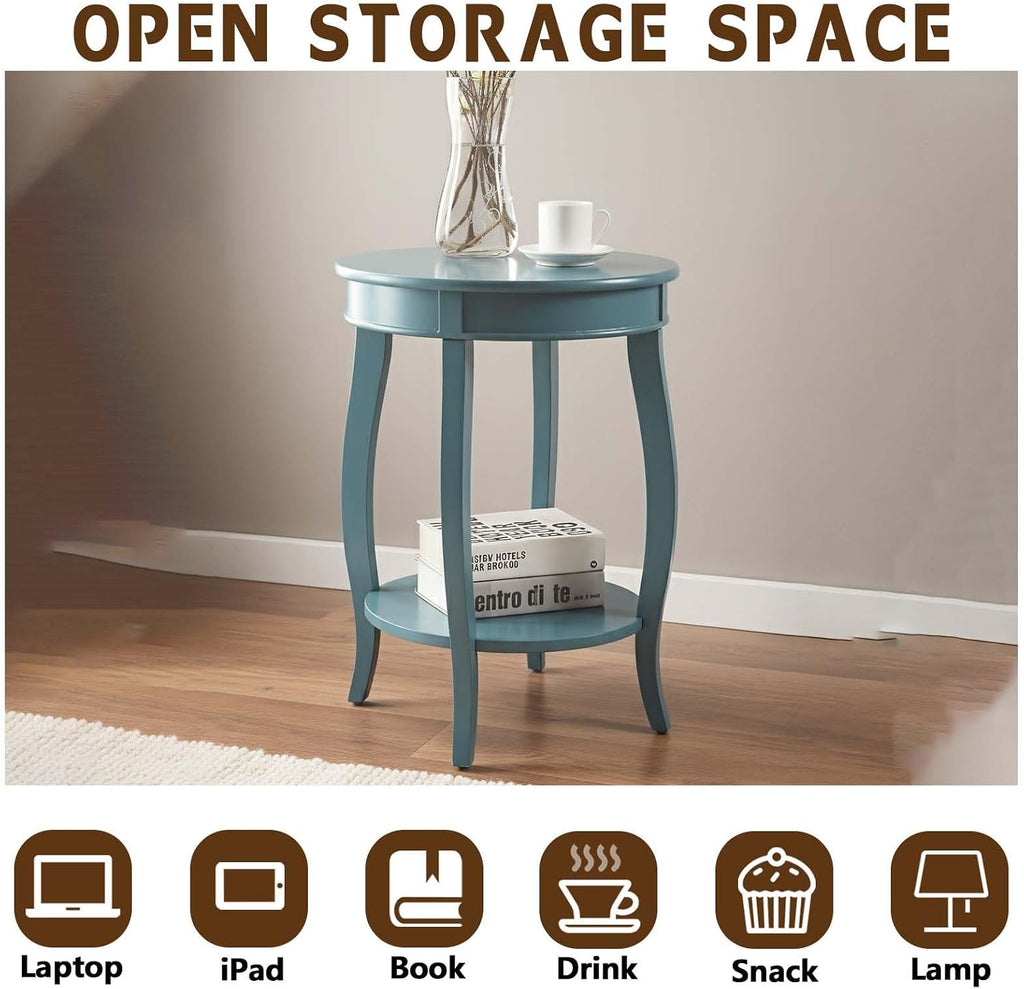 Small Accent Table with Storage, Round End Tables for Living Room, Wooden Circle Side Table for Small Spaces Bedroom Sofas Entryways, Easy to Assemble (Teal)