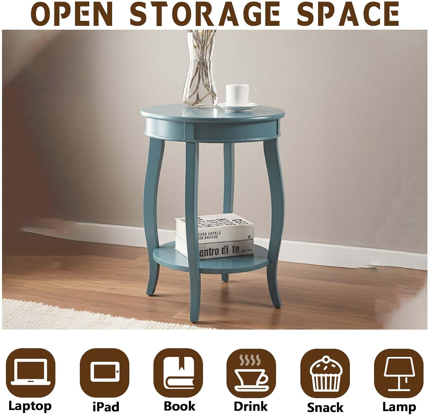 Small Accent Table with Storage, Round End Tables for Living Room, Wooden Circle Side Table for Small Spaces Bedroom Sofas Entryways, Easy to Assemble (Teal)