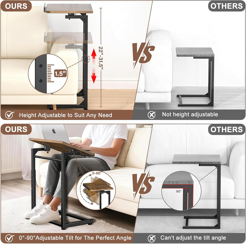 Tv Tray Table Set of 2, Living Room Table Sets 8-Level Adjustable Height Couch Side Table,90° Tilt Angle foldable End Table,Laptop Table with Phone & Tablet Slot Dinner Tray Desk for Recliner/Sofa/Bed