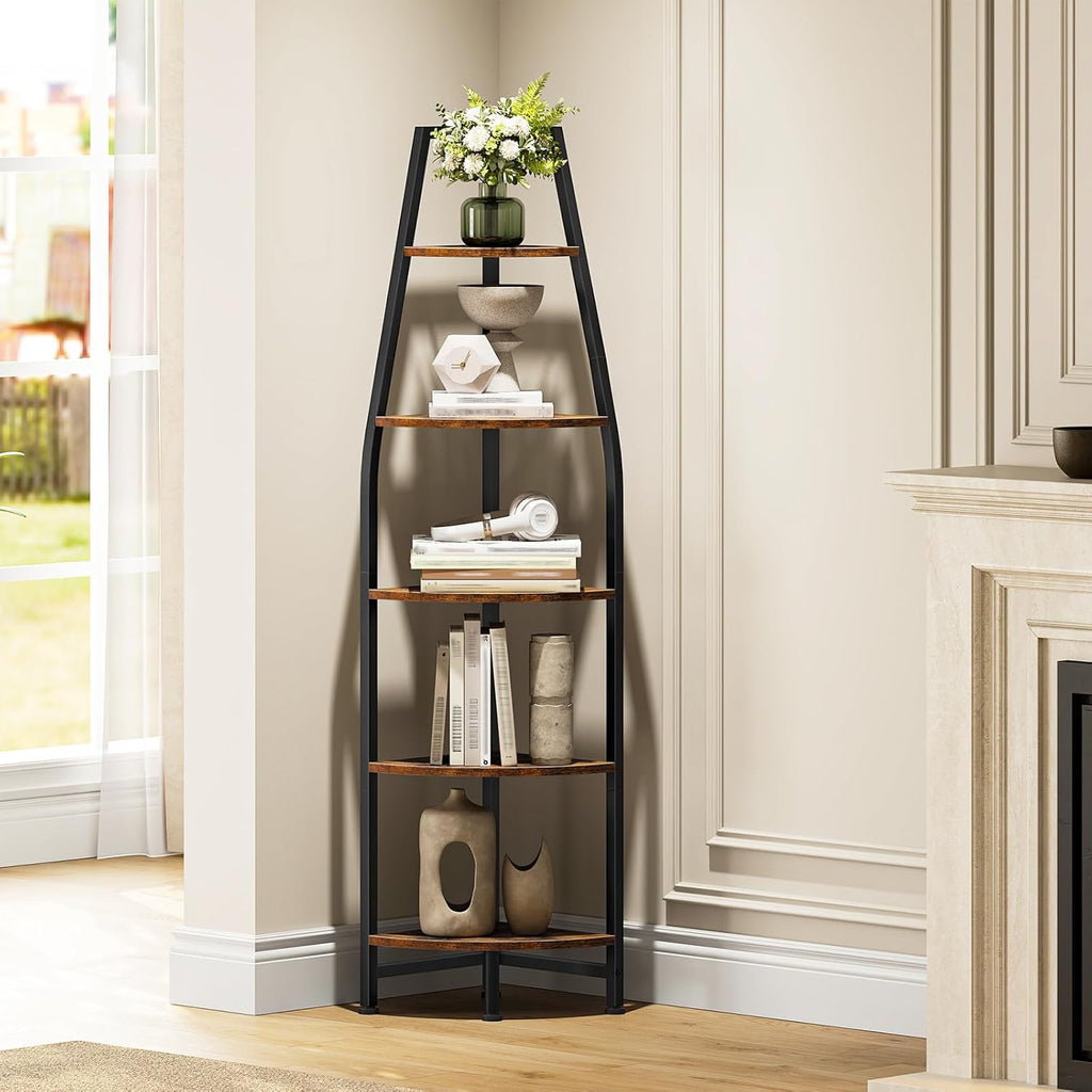 CHOEZON Corner Shelf with Lights, Corner Bookshelf with Metal Frame, 5-Tier Tall Ladder Shelf, Storage Rack for Home Office, Bedroom, Living Room, Rustic Brown and Black TCJ71DBF
