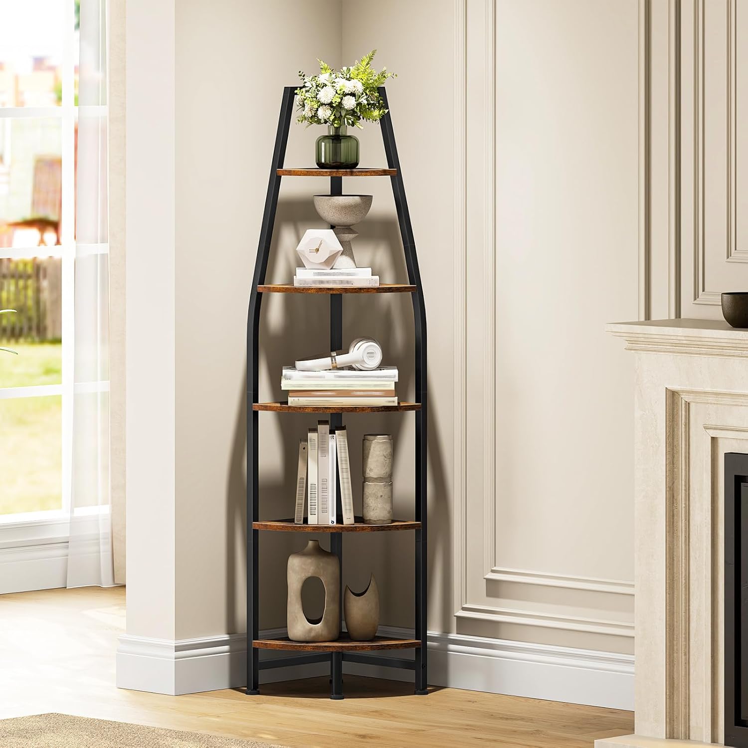 CHOEZON Corner Shelf with Lights, Corner Bookshelf with Metal Frame, 5-Tier Tall Ladder Shelf, Storage Rack for Home Office, Bedroom, Living Room, Rustic Brown and Black TCJ71DBF