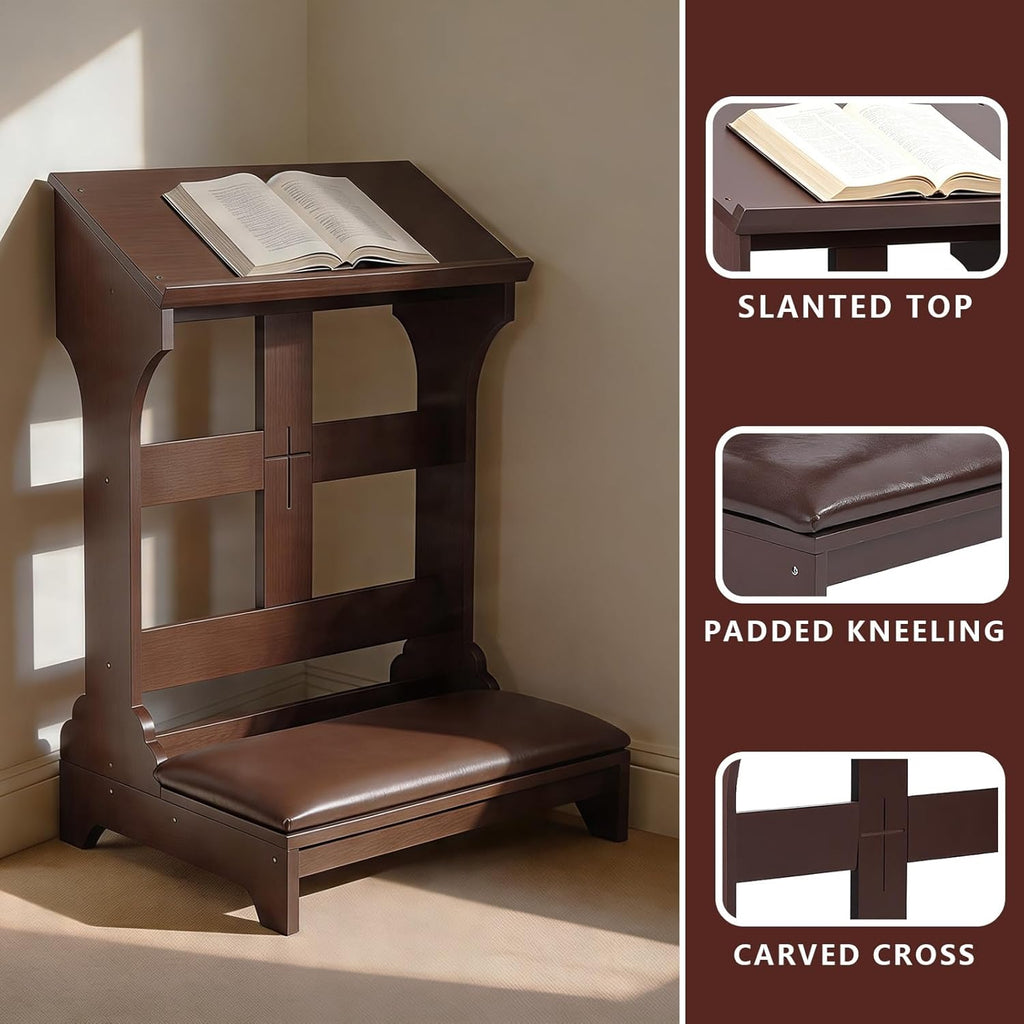 Prayer Kneeler, Wooden Prayer Bench for Kneeling, Kneelers for Praying at Home and Church, Prayer Stool with Soft-Padded Seat & Built-in Desktop, Ebony