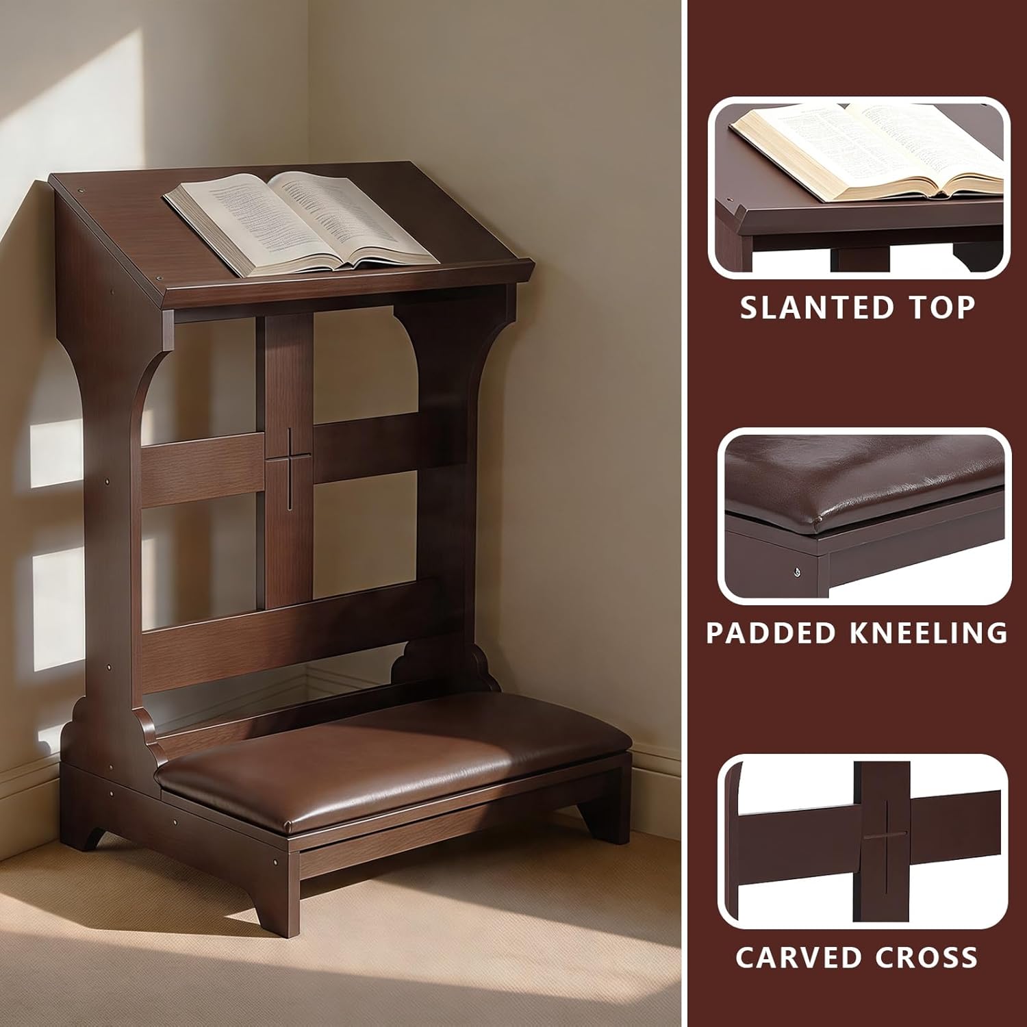 Prayer Kneeler, Wooden Prayer Bench for Kneeling, Kneelers for Praying at Home and Church, Prayer Stool with Soft-Padded Seat & Built-in Desktop, Ebony