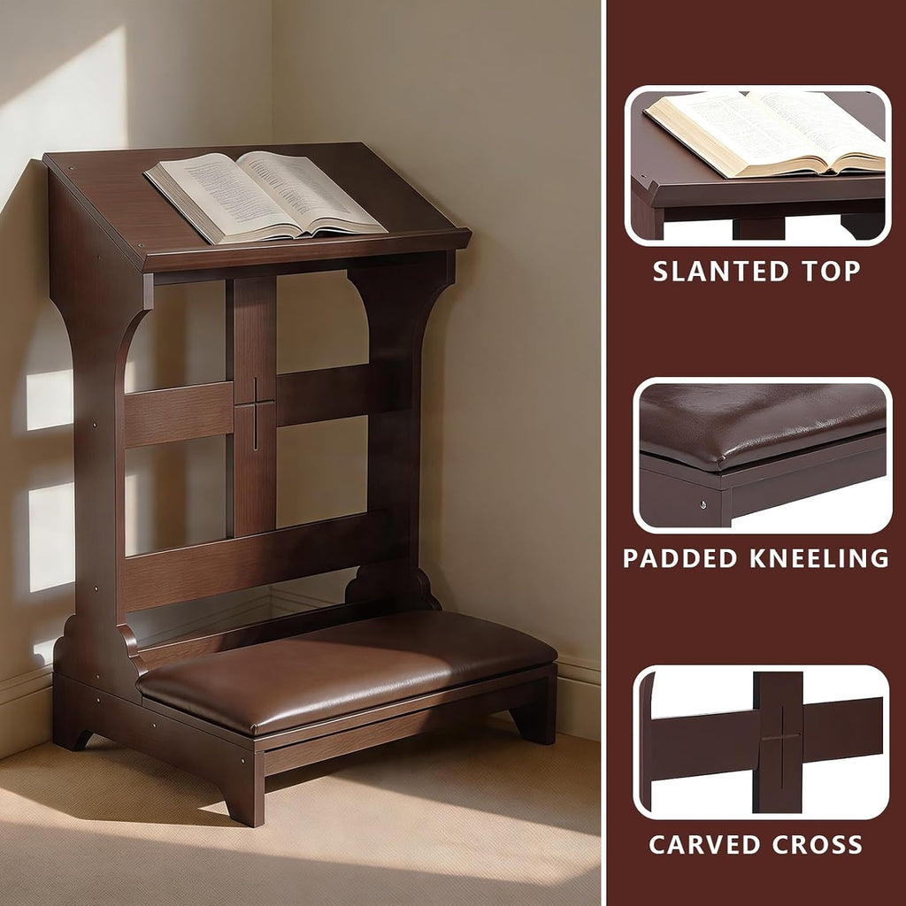 Kneeler for Prayer – Wooden Prayer Bench Kneeler, Padded Faux Leather Kneeling Pad, Space-Saving 23" L X 20" W for Home ChurcWorship Ebony