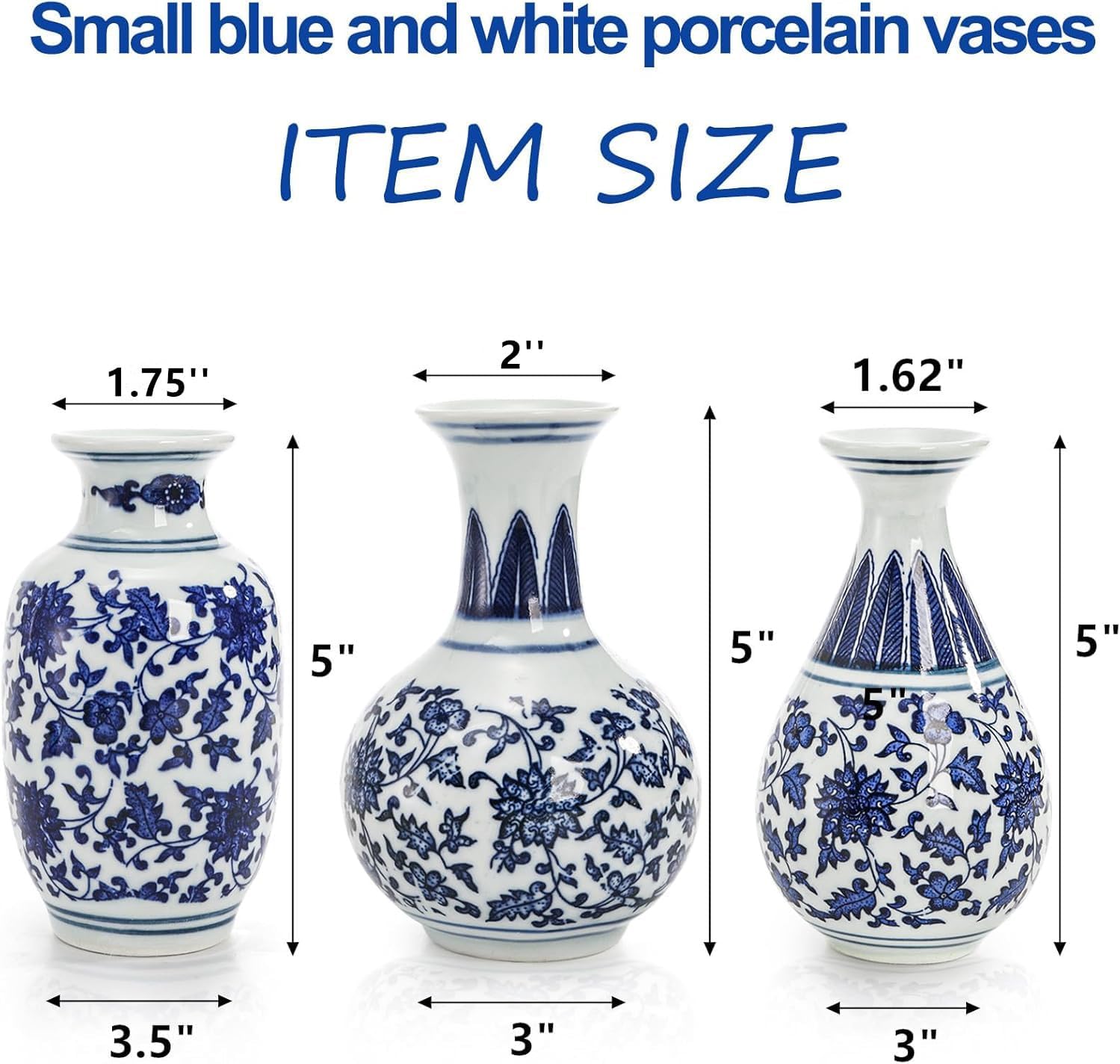 Yesland Small Blue and White Porcelain Vases Set of 3, 5 Inch Tall Mini Vintage Vase Chinoiserie Vases, Classic Decorative Bud Vases for Farmhouse Table Centerpiece, Flower Decor