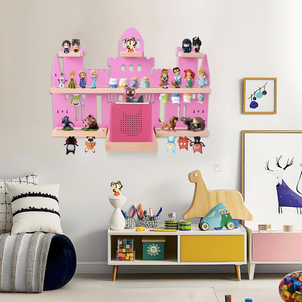 Givilio Tonie Shelf Castle for Toniebox,Wall Mounted Tonie Shelf Set,Tonie Figures Tonie Storage,Magnetic Wooden Floating Shelves Compatible with Toniebox for Kids Room (Pink)
