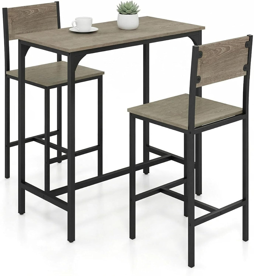Tangkula 3 Piece Counter Height Bar Table Set, Pub Table and Chairs Set of 2, High Top Console Table with Stools for 2, Space-Saving Dinette Set for Breakfast Nook (Grey)