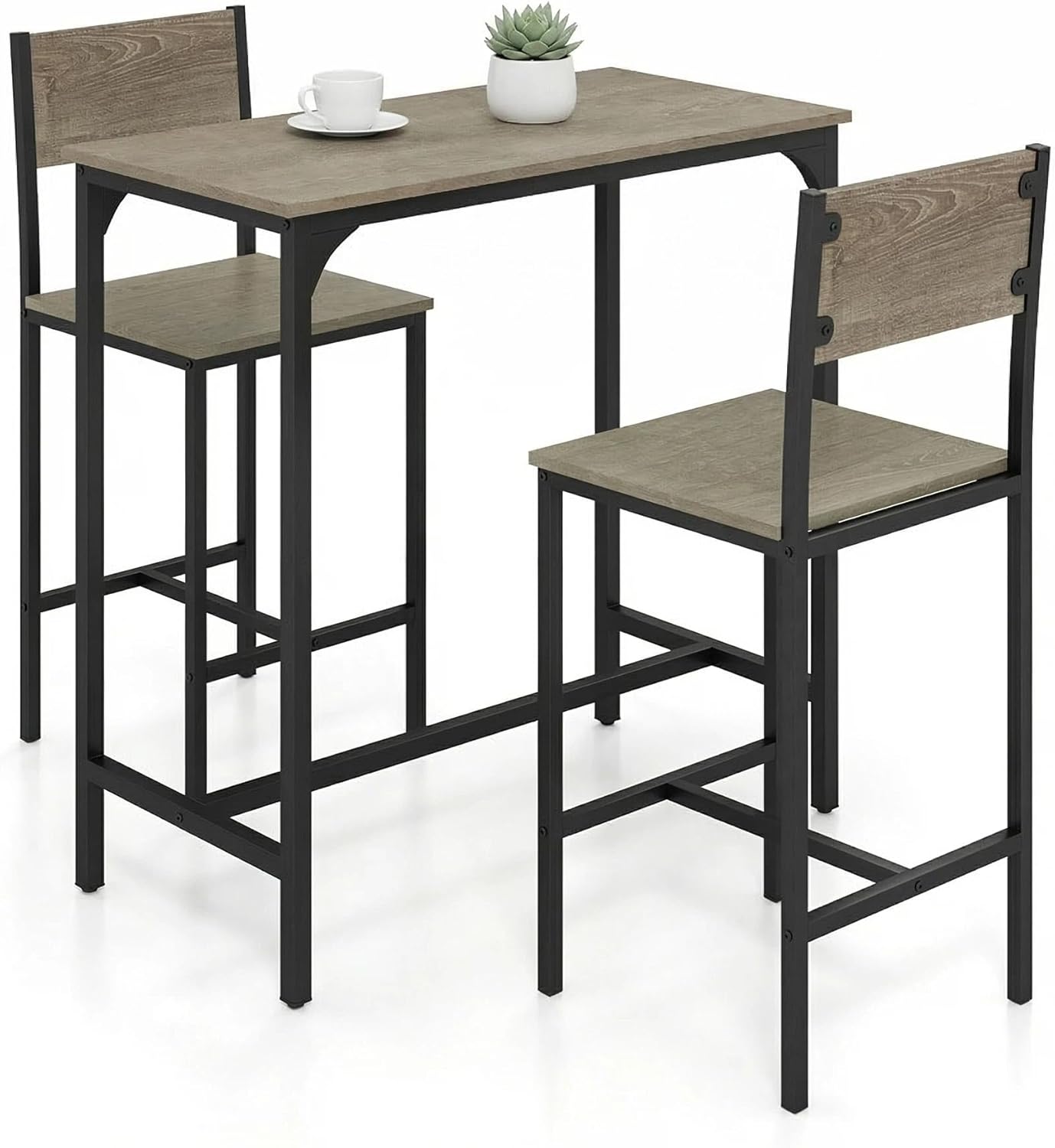 Tangkula 3 Piece Counter Height Bar Table Set, Pub Table and Chairs Set of 2, High Top Console Table with Stools for 2, Space-Saving Dinette Set for Breakfast Nook (Grey)