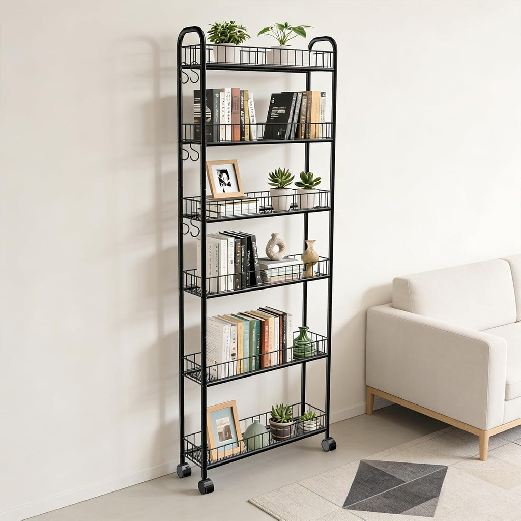 6in 6 Tier Slim Storage Cart with Wheels, Narrow Space Rolling Shelving Unit, Metal Wire Mobile Organizer Rack for Kitchen Bathroom Office Laundry