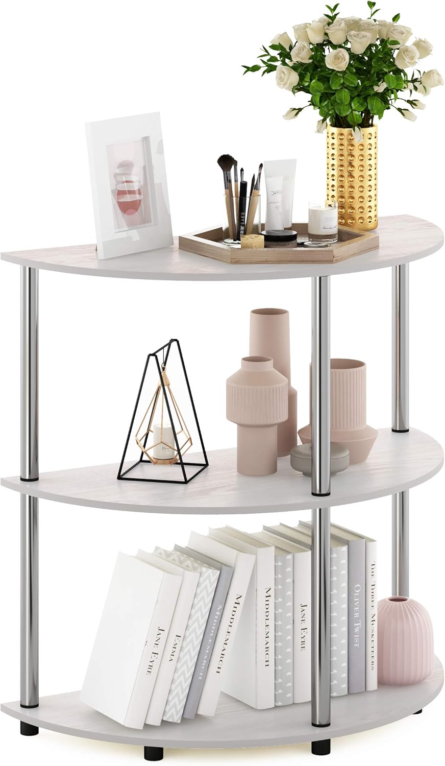 3-Tier Half-Round Console Table with Storage Shelf, Toolless Assembly Narrow Side Table, Sofa Table, Entryway Table, for Home Office, Living Room, Entryway, White Oak