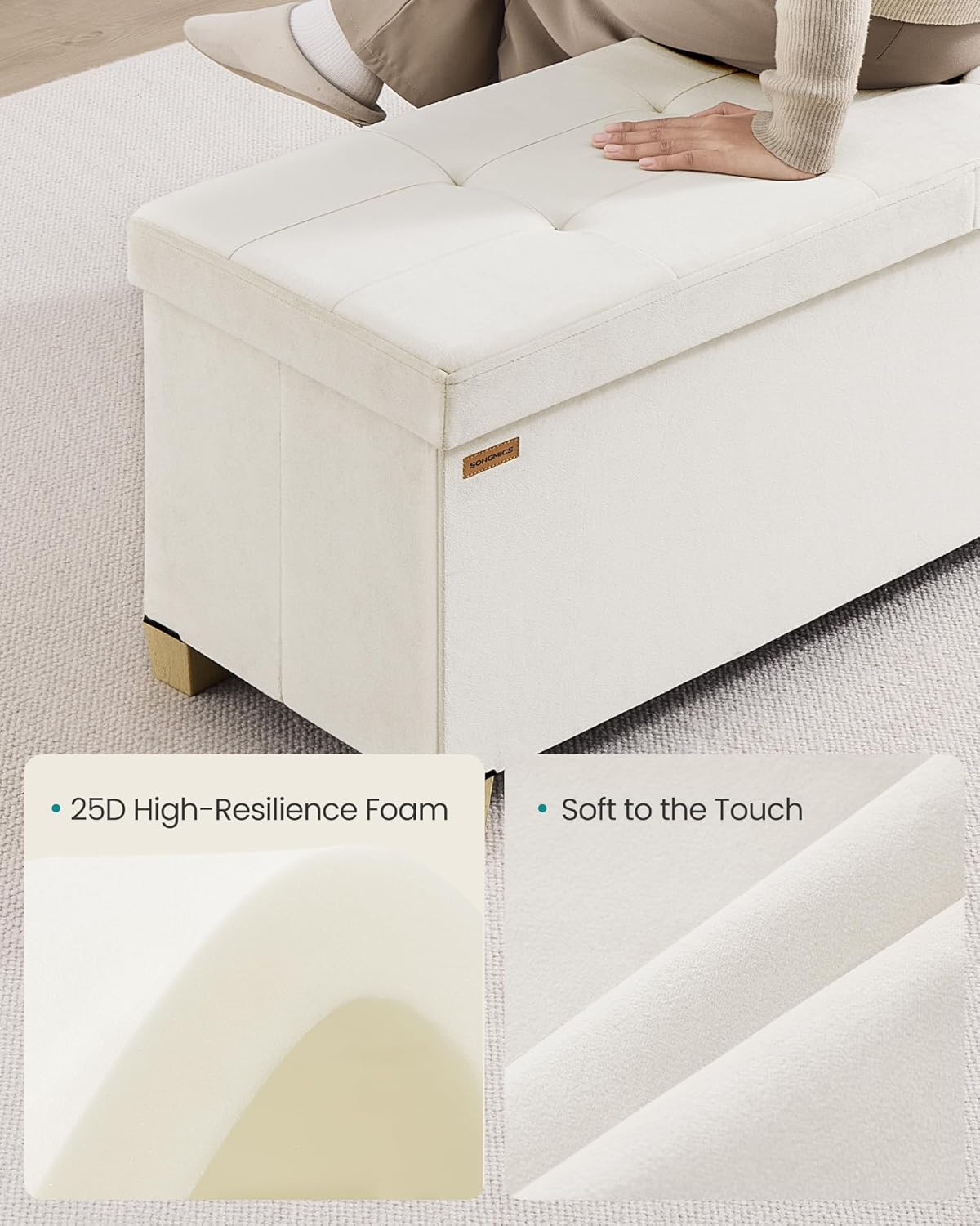 SONGMICS Storage Ottoman Bench with Legs, Folding Ottoman Foot Rest with Flipping Lid, Bench with Storage, for Living Room, Bedroom, Entryway, Velvet, 43.3 Inches, Cappuccino Beige ULSF083LH01
