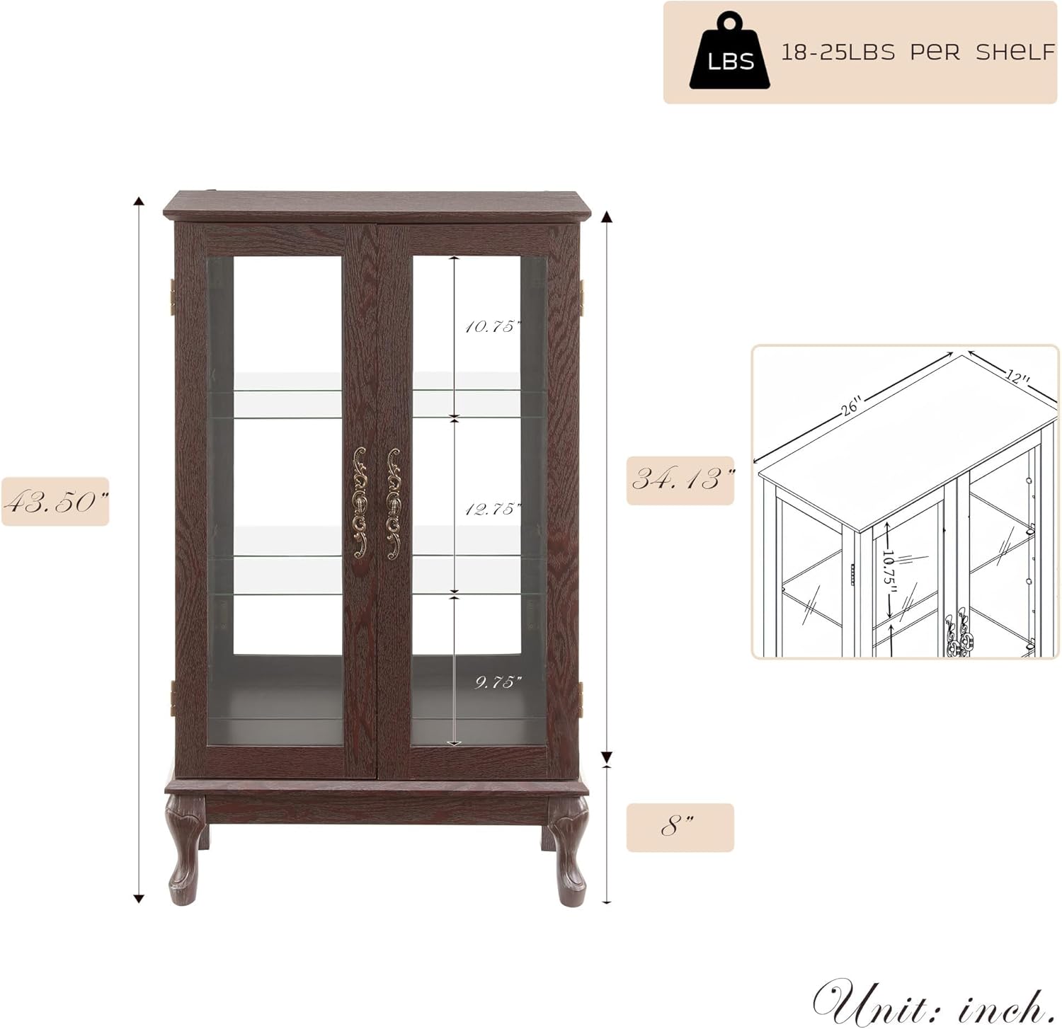 44" Small Lighted Glass Accent Curio Cabinet, Vintage China Cage with Tempered Glass Doors & Adjustable Shelves, Acrylic Mirrored Pane, Elegant Wine Artwork Showcase for Living Room (Dark Cherry)