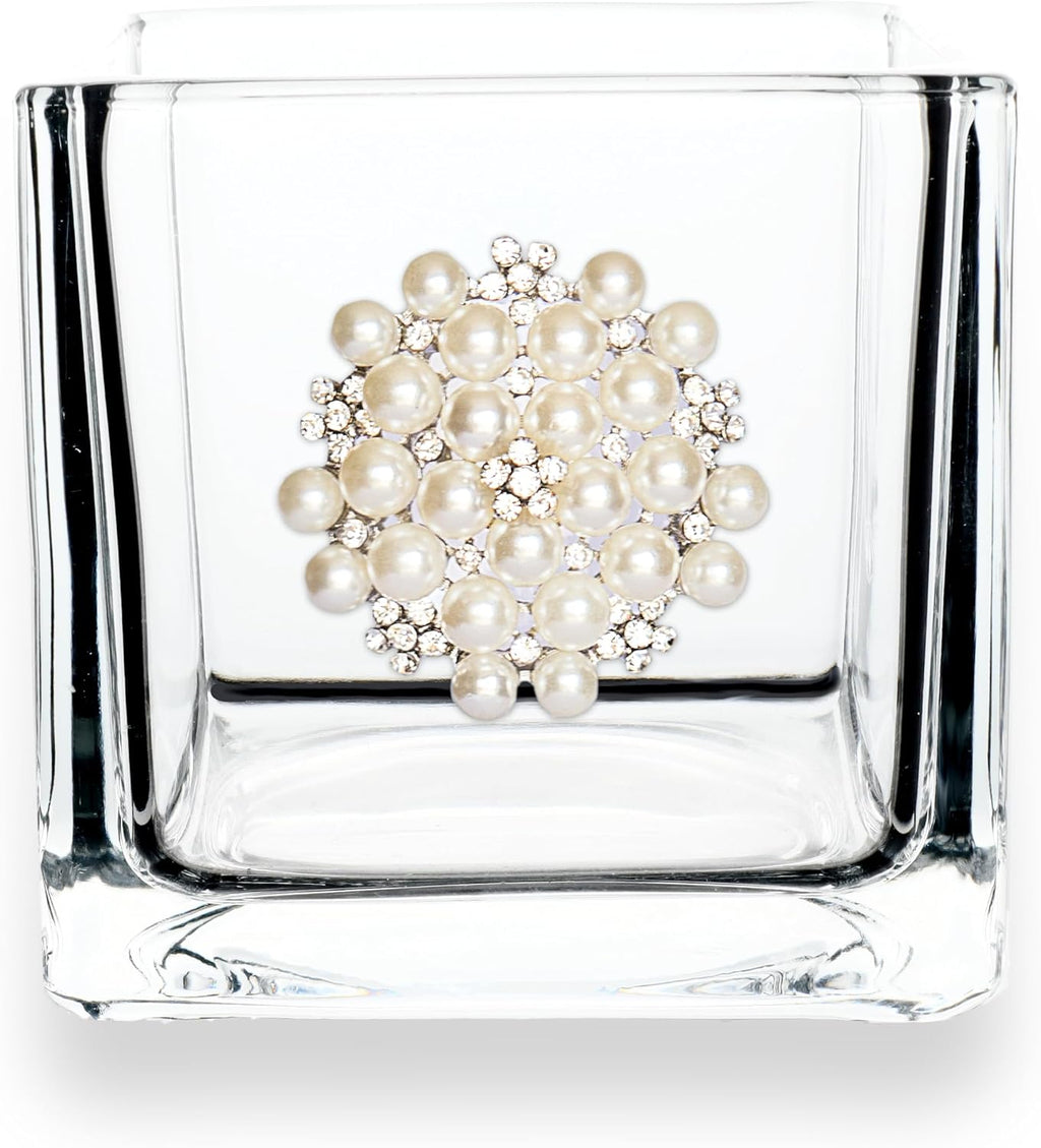 THE QUEENS' JEWELS Round Pearl Jeweled 4x4 Candle Holder Vase - Unique Gift for Women, Birthday, Cute, Fun, Cocktail, Queen, Not Painted, Decorated, Bling, Bedazzled, Rhinestone