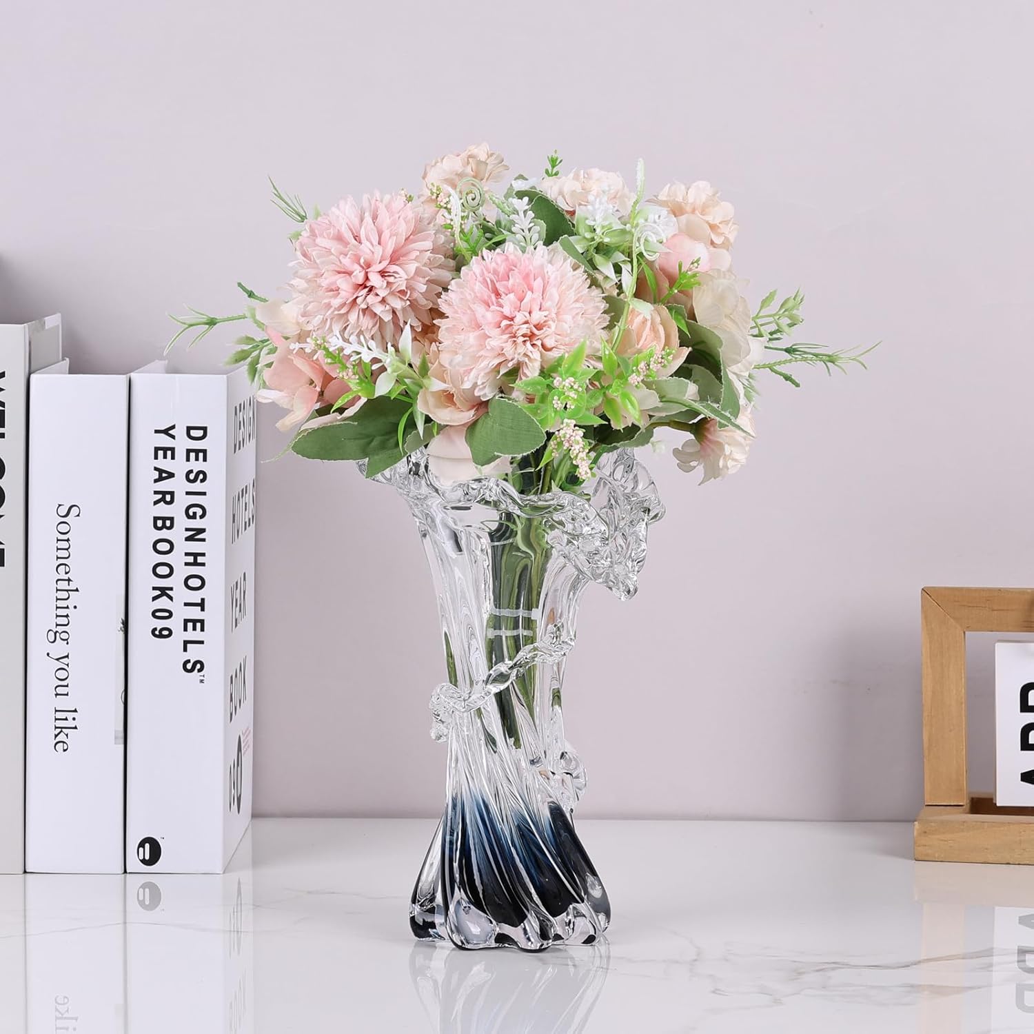 Blue White Clear Wave Vases Gradient, Murano Hand Blown Glass Vase Unique Art Decorative, for Ocean Themed Coastal Home Centerpiece Modern Office Entrance Table Creativity