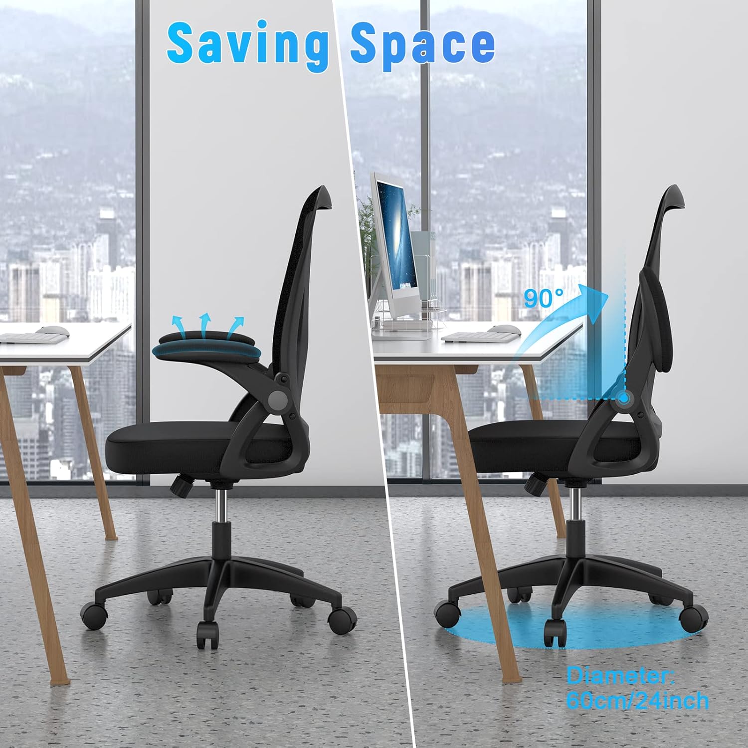 naspaluro Ergonomic Office Chair, Mid Back Desk Chairs with Adjustable Height, Swivel Chair with Flip-Up Arms and Lumbar Support, Breathable Mesh Computer Chair for Home/Study/Working, Dark Black