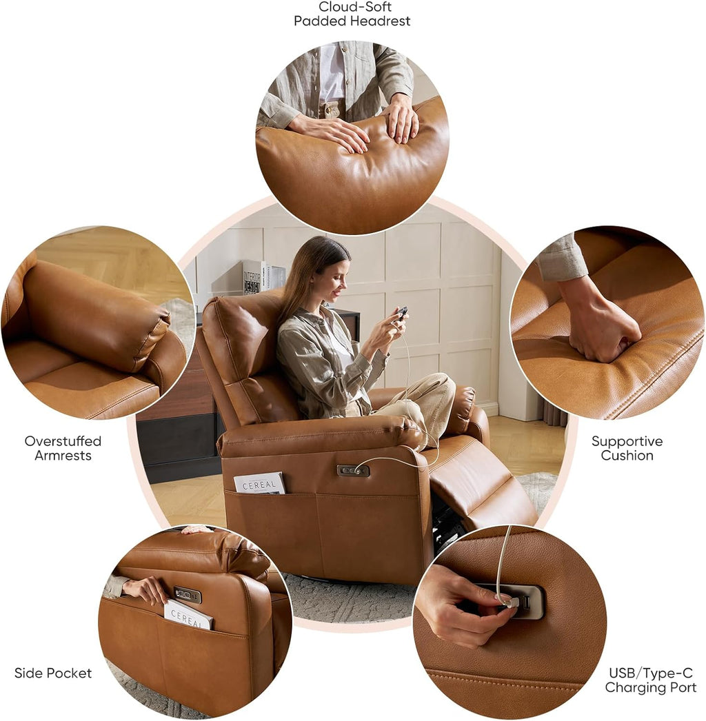 Power Recliner Chair with Adjustable Lumbar Support, Swivel Rocker Recliner with Overstuffed Armrests, Nursery Glider Recliner, Rocking Chair Nursery for Bedroom,USB&Type-C,Faux Leather Camel
