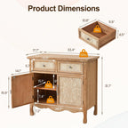 RoyalCraft Sideboard Buffet Cabinet, Solid Wood Accent Cabinet with 2 Carved Doors and 2 Drawers, Vintage Credenza for Kitchen, Living Room, Hallway, Natural Oak