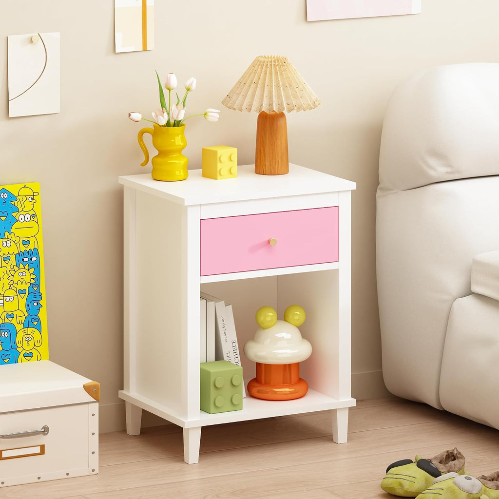 Kids Nightstand with One Drawer, Modern Nightstand, End Table for Boys and Girls, for Living Room, Bedroom (Pink)