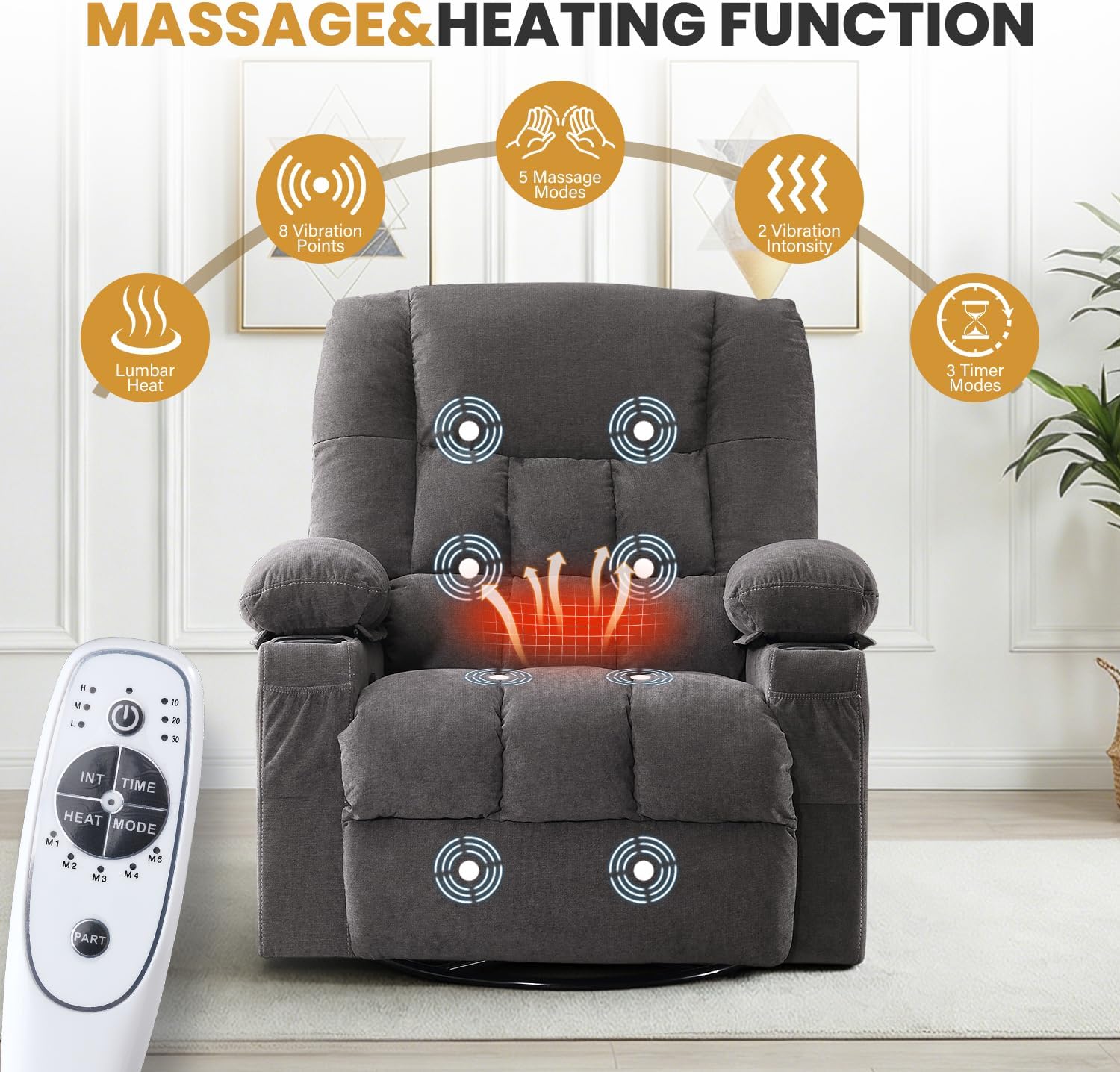 Swivel Rocker Recliner Chair with Vibration Massage and Heating Functions for Adults,Oversized Recliner Single Sofa with Side Pocket,Two Cup Holders for Living Room and Bedroom