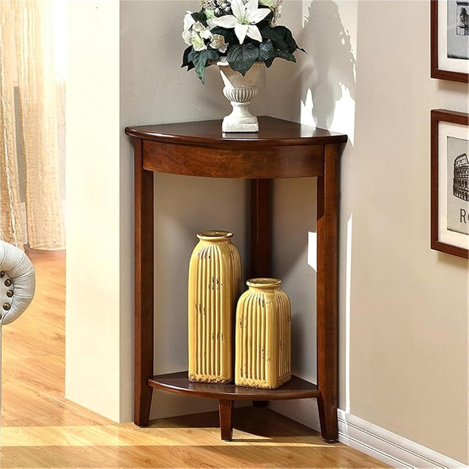 Home Furnishing Corner Table, Compact Triangle Solid Wood Side Table, Corner Shelf Unit with 2 Shelves Sofa Accent Tables for Small Space (White)