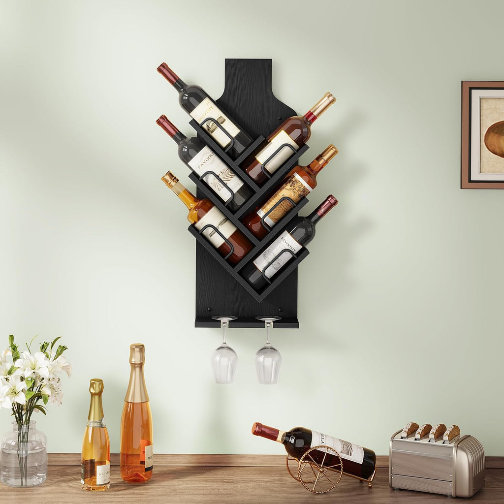 FAVOOSTY Wine Rack Wall Mounted for 6 Wine Bottles, Wall Racks for Wine Bottles Display and Storage with Glass Holder, Wood Wine Rack for Living Room, Dining Room, Wine Cellar, Bar (Black)