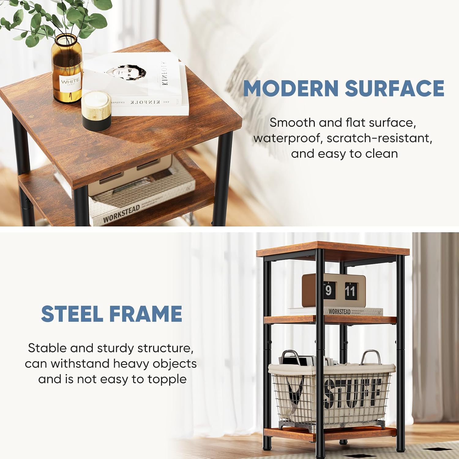 OLIXIS End Tables Set of 2, Small Side Table for Small Spaces, 3 Tier Tall Bedside Table with Open Shelf and Adjustable Feet for Living Room, Bedroom, Office, Dorm, Apartment, Brown