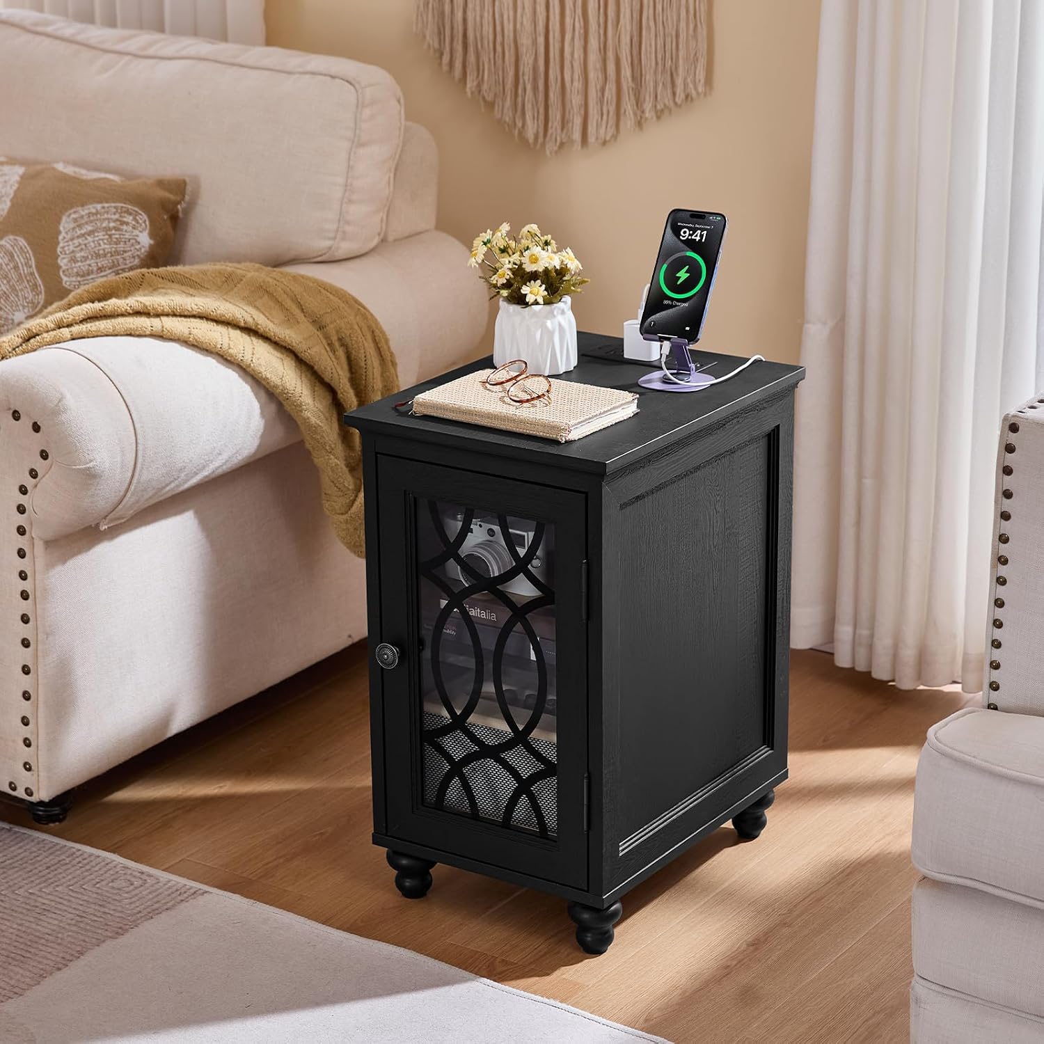 Joaxswe Narrow Side Table with Charging Station Set of 2, Night Stand with Glass Door,Bedside End Tables with Adjustable Shelf Storage Cabinet,Wood Nightstand for Small Spaces Living Room Bedroom