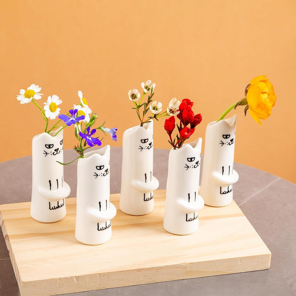 MOUGIGI Set of 5 Cat Flower Vase Bud Ceramic Small Cute Mini Handmade Decor - Unique Modern Tiny Wedding Party Birthday Gift - Bulk Trendy Pretty Little Vases