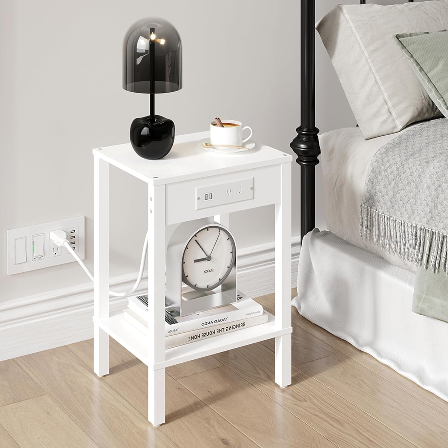 MMEOLUOOK End Table with Charging Station, Sofa Side Table Set of 2, 2-Tier Storage Shelf for Small Space, Nightstands for Living Room Bedroom Bedside Tables White MLBZ14WE-2