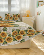 Ruffle Skirt Bedspread for Full Size Bed Summer Sunflower Leaf 3 Piece Bedding Cover with Pillow Sham,18In Drop Bedskirt Coverlet for Bedroom Dorm Pastoral Plant Vintage Wood Board