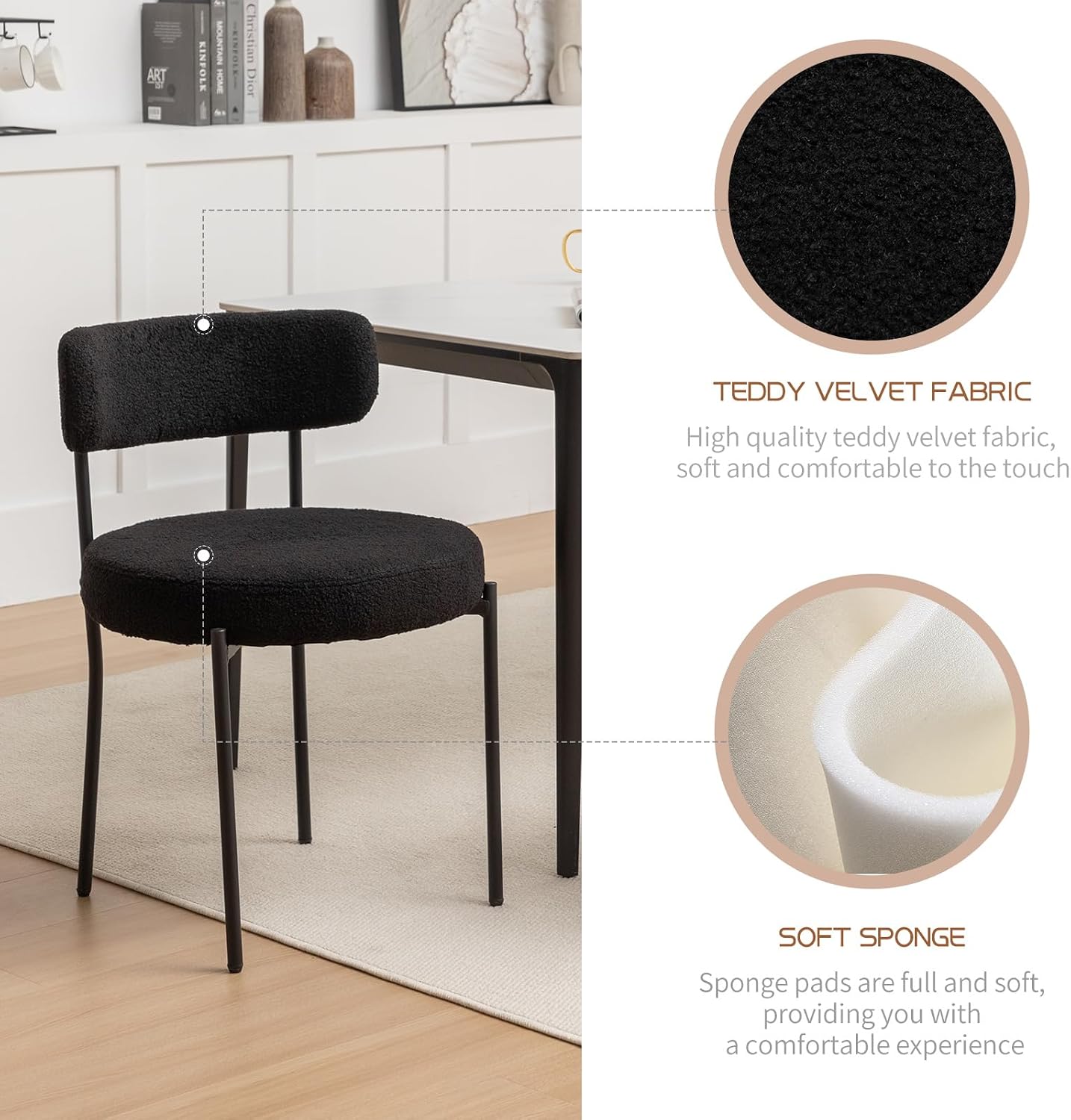 Boucle Dining Chairs Set of 6, Mid Century Modern Dining Room Chairs with Metal Legs, Upholstered Kitchen Chairs for Dining Room, Kitchen (Black)