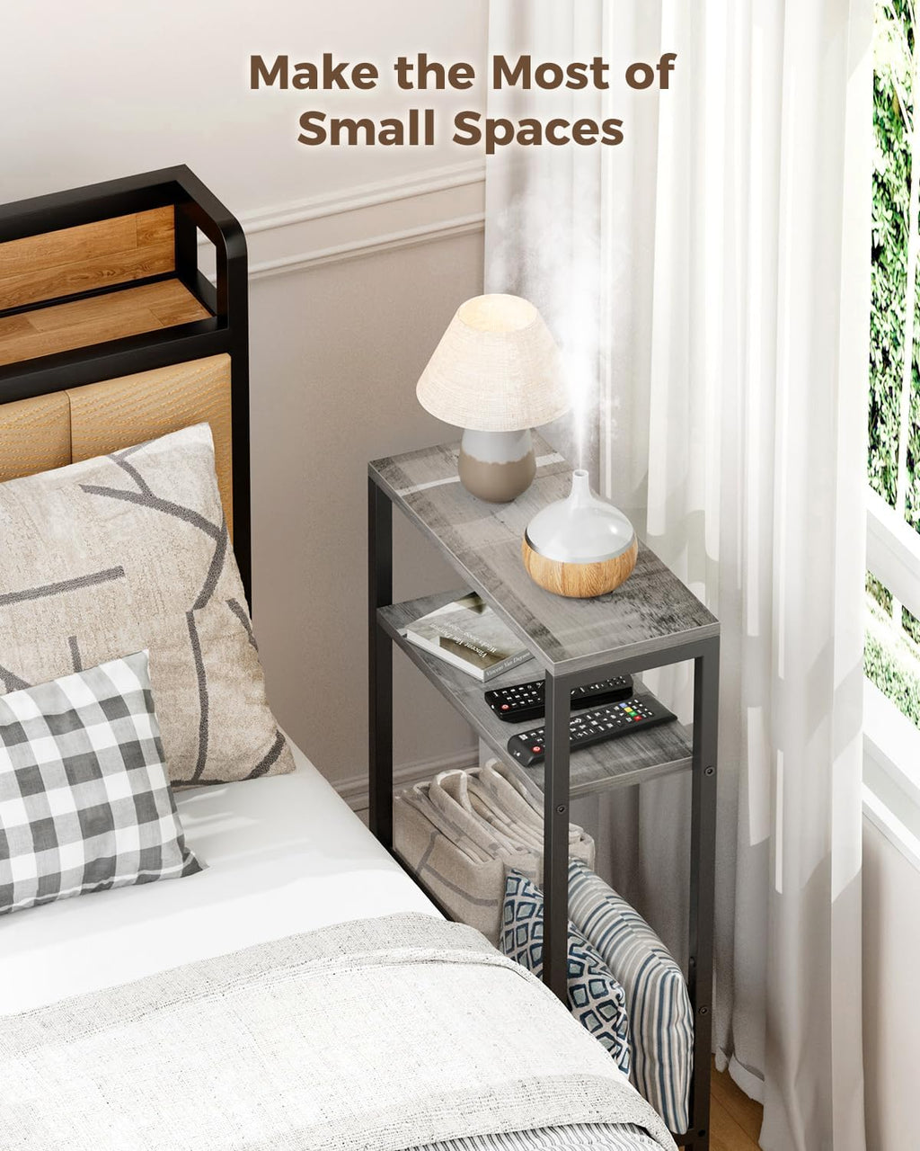 Karii Narrow Side Table, Skinny End Table for Small Spaces with Storage, 3-Tier Slim Wooden Bedside Nightstand Thin Couch Table for Living Room Bedroom Office Dorm Kitchen Bathroom (1, Gray)