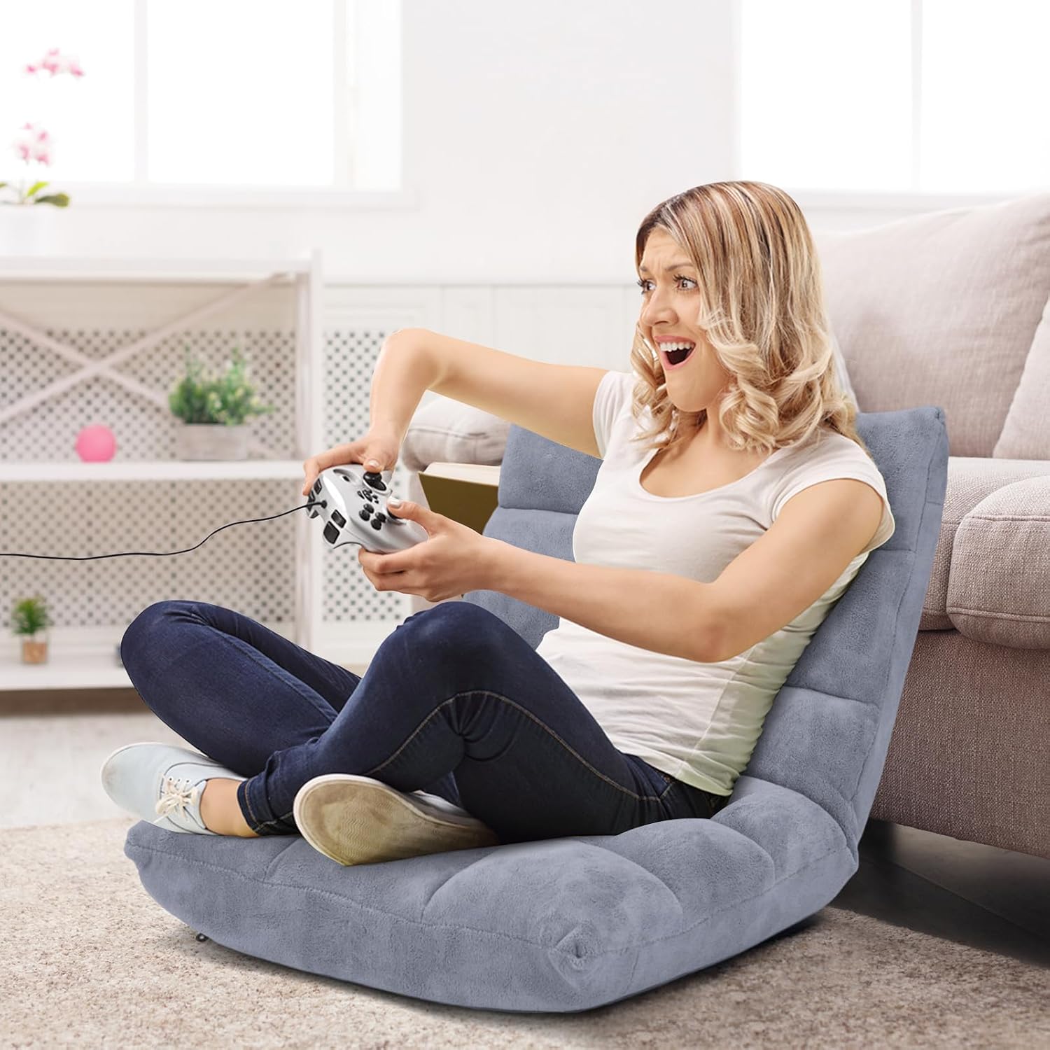 14-Position Floor Sofa, Folding Gaming Sofa Chair, Comfy Cushions & Study Steel Frame, Angle Adjustable Sleeper Bed, Couch Recliner (Grey)