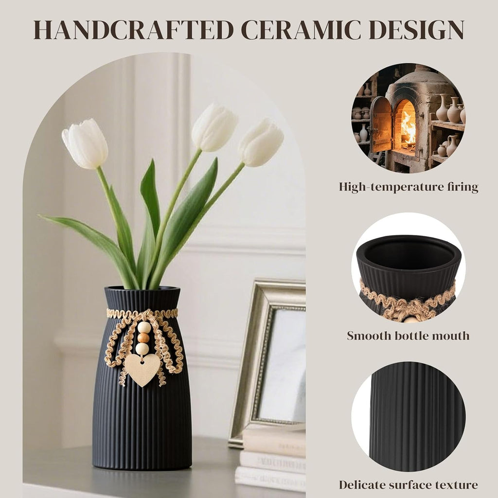 DomeStar Black Ceramic Vase, 6.3" Tall Boho Ribbed Vase for Pampas Grass, Wedding Centerpiece, Coffee Table, Bedroom & Apartment, Neutral Farmhouse Minimalist Modern Home Decor