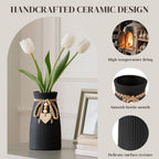 DomeStar Black Ceramic Vase, 6.3" Tall Boho Ribbed Vase for Pampas Grass, Wedding Centerpiece, Coffee Table, Bedroom & Apartment, Neutral Farmhouse Minimalist Modern Home Decor