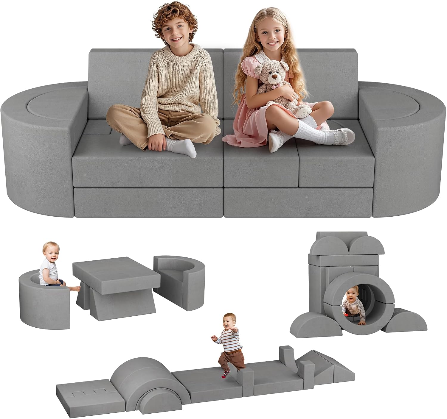 Betterhood 16pcs Modular Kids Play Couch, 1000+DIY Versatile Child Sectional Sofa for Playroom Bedroom, Convertible Foam Cushion for Boys & Girls, Grey