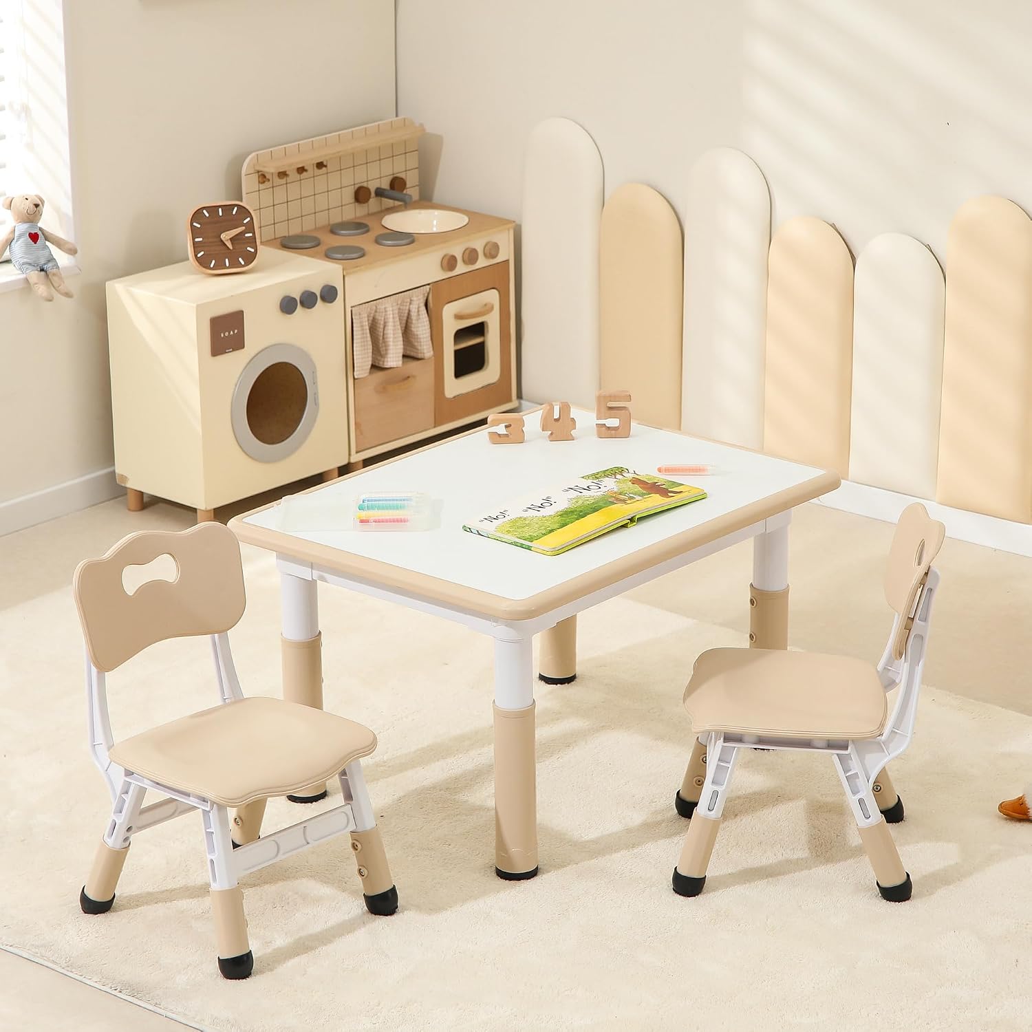Kids Table and 2 Chairs Set, Height Adjustable Toddler Chairs, Graffiti Desktop Study With Anti-Slip Foot Covers, Children Activity Set for Ages 2-10
