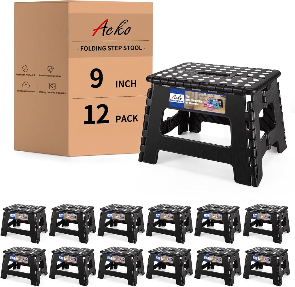 ACKO 12pack Folding Step Stool 9 Inch Step Stool 300 lb Capacity Plastic Foldable Step Stools for Kids and Adults, Folding Stool Suitable for Kitchen, Small Stepping Stool with Handle Black