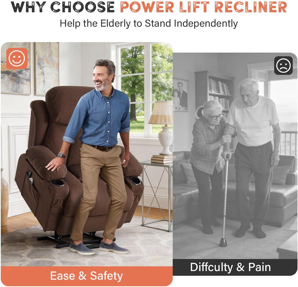 BOSMILLER Power Lift Recliner Chair with Massage and Heat for Elderly, Electric Recliner Single Sofa with Two Cup Holders, Extended Footrest, Side Pocket and USB Charge Port for Living Room